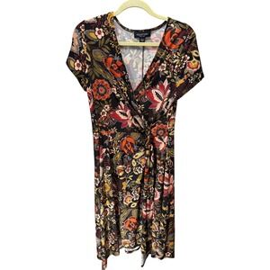 Perceptions Dress Women Large Black Floral Faux Wrap Midi Side Knot Earthy